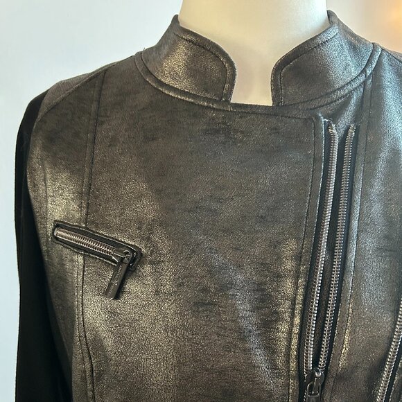 Luisa Cerano Black Metallic Versatile Mixed-Media Moto Jacket Double-Zip – US XS - Picture 11 of 14